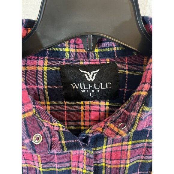 Wilful Wear Women’s Large Long Sleeve Pink Plaid Cotton Snap Front Shirt - Picture 2 of 9